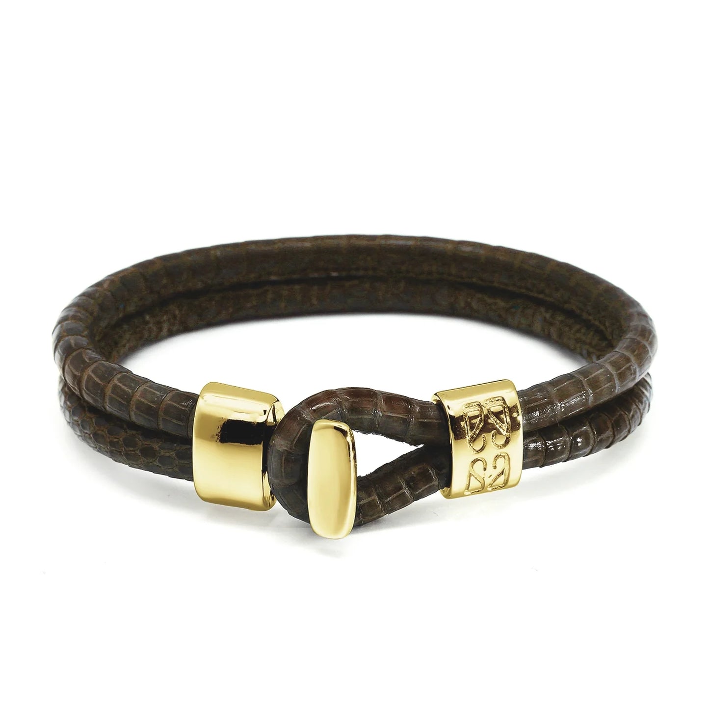 Pulsera en baño de Oro 22K, Broche de botón, Piel natural de Lagarto, doble vuelta - Joyería y bisutería fina