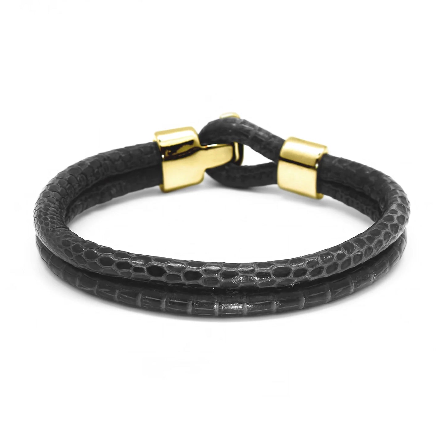 Pulsera en baño de Oro 22K, Broche de botón, Piel natural de Lagarto, doble vuelta - Joyería y bisutería fina