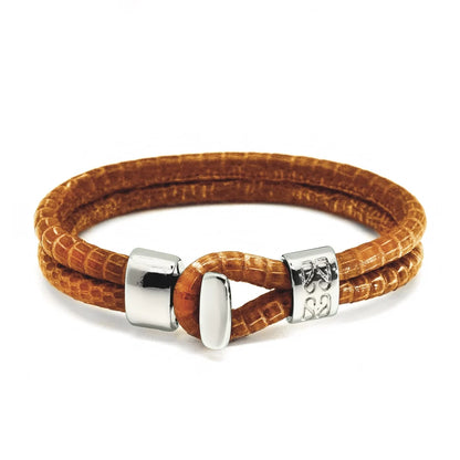 Pulsera en baño de Rodio, Broche de botón, Piel natural de Lagarto, doble vuelta - Joyería y bisutería fina