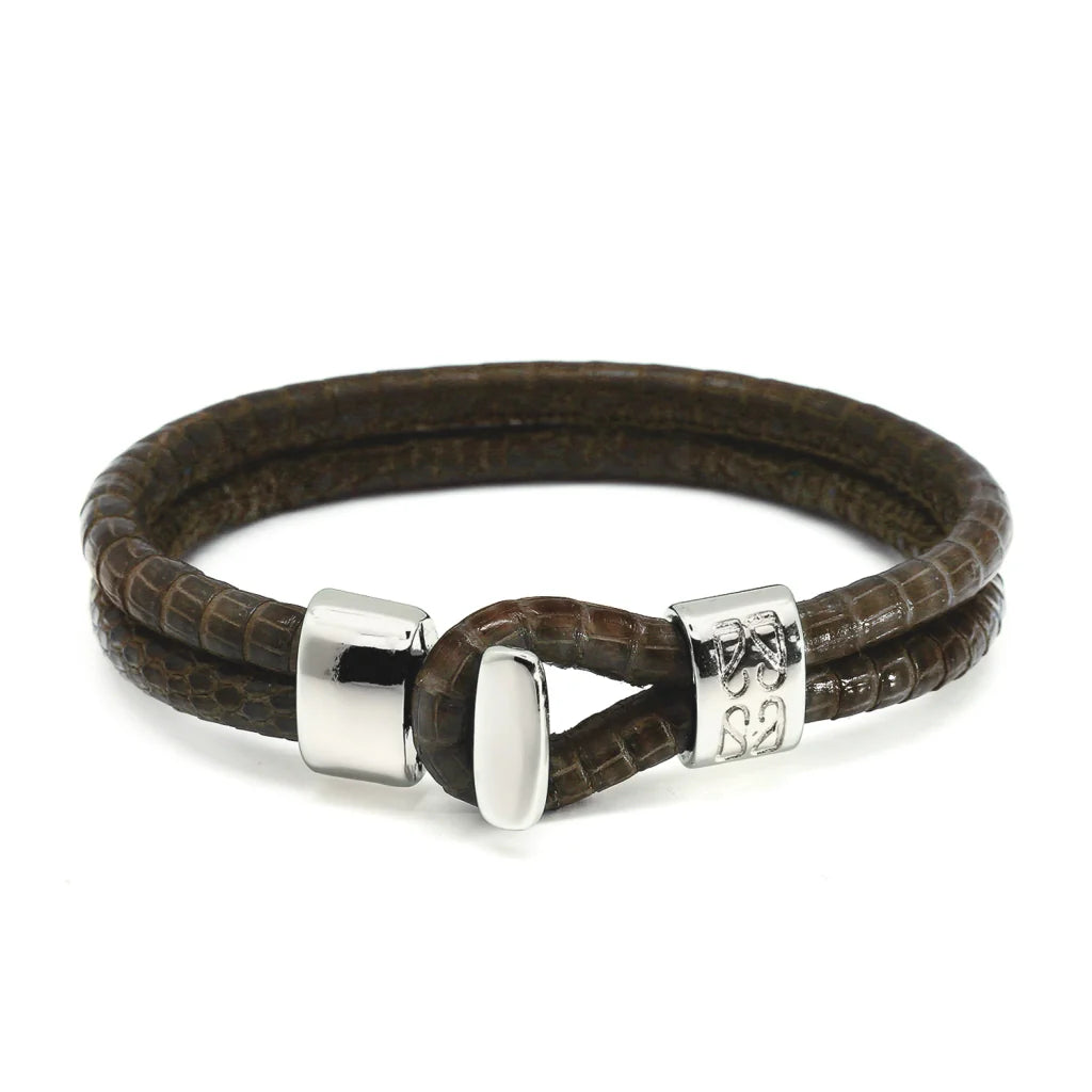 Pulsera en baño de Rodio, Broche de botón, Piel natural de Lagarto, doble vuelta - Joyería y bisutería fina