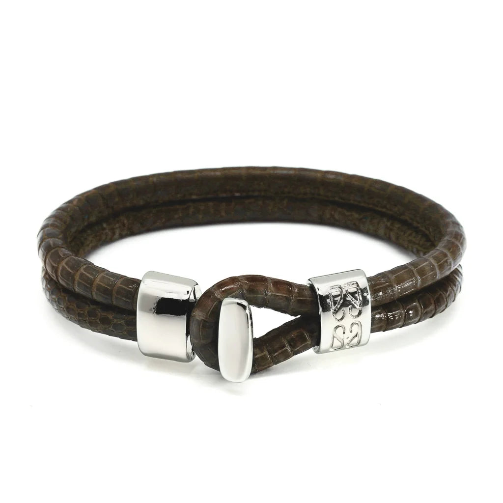 Pulsera en baño de Rodio, Broche de botón, Piel natural de Lagarto, doble vuelta - Joyería y bisutería fina