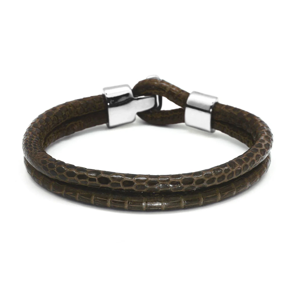 Pulsera en baño de Rodio, Broche de botón, Piel natural de Lagarto, doble vuelta - Joyería y bisutería fina