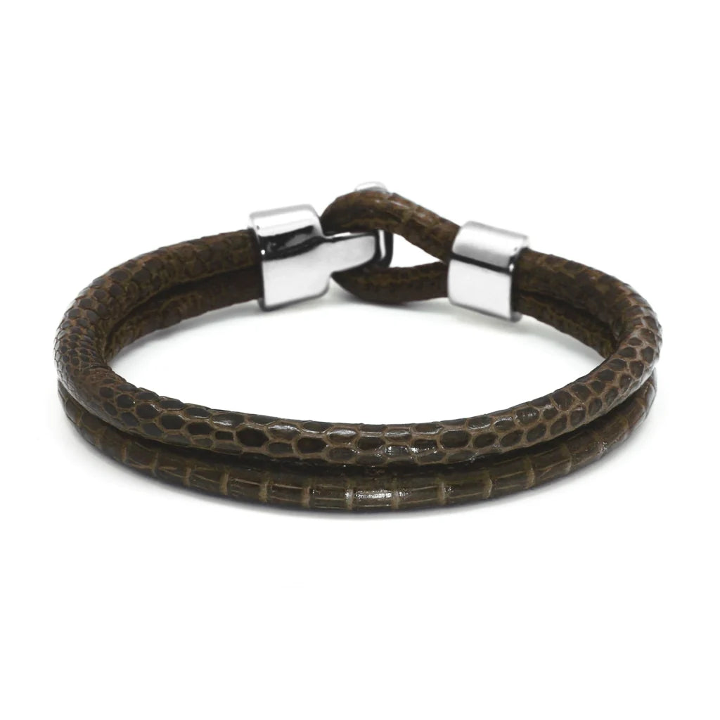 Pulsera en baño de Rodio, Broche de botón, Piel natural de Lagarto, doble vuelta - Joyería y bisutería fina