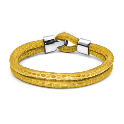 Pulsera en baño de Rodio, Broche de botón, Piel natural de Lagarto, doble vuelta - Joyería y bisutería fina