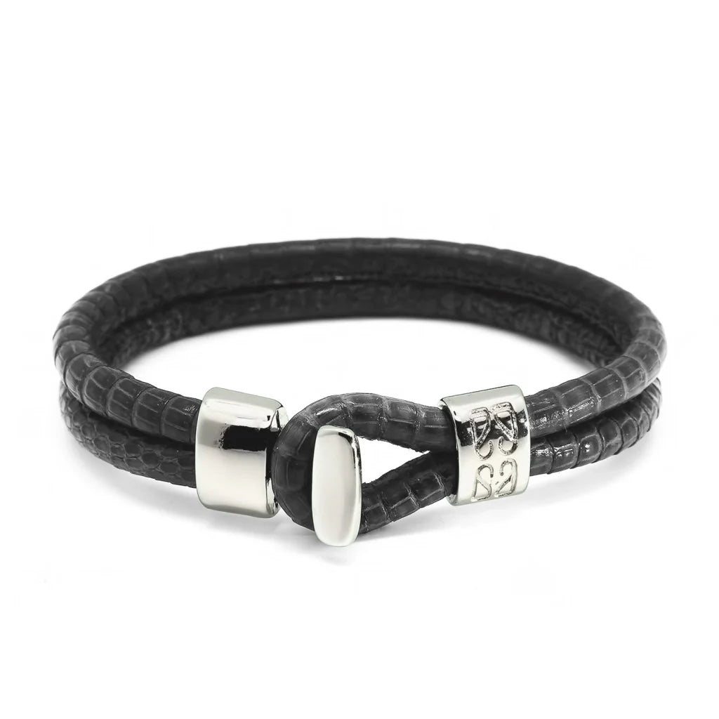 Pulsera en baño de Rodio, Broche de botón, Piel natural de Lagarto, doble vuelta - Joyería y bisutería fina