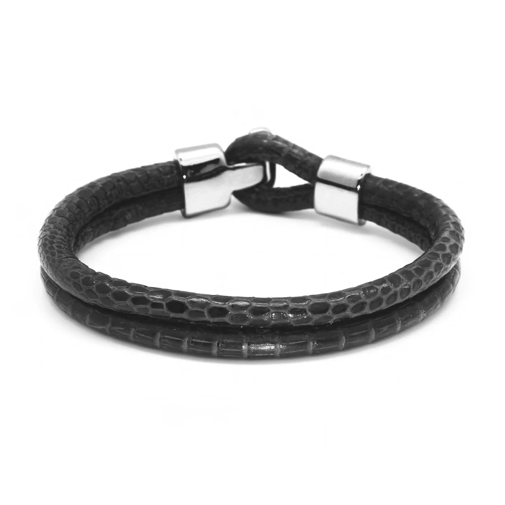 Pulsera en baño de Rodio, Broche de botón, Piel natural de Lagarto, doble vuelta - Joyería y bisutería fina