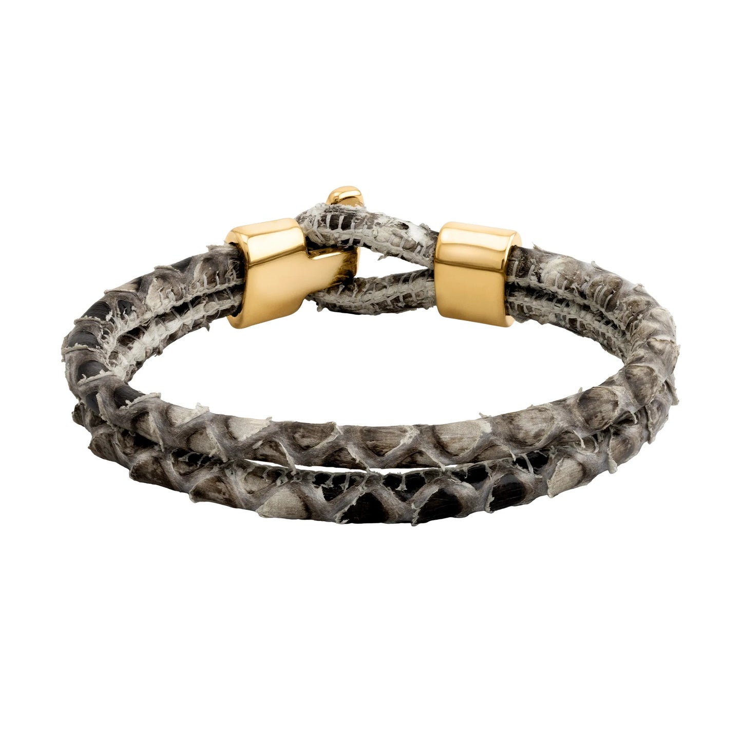Pulsera en baño de Oro 22K, Broche de botón, Piel natural de Serpiente, doble vuelta - Joyería y bisutería fina