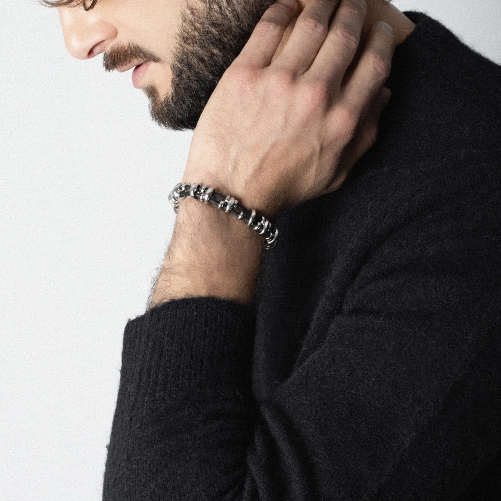 Pulsera Detalles en baño rodio, Piel natural española - Joyería y bisutería fina