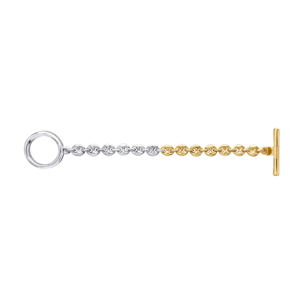 Pulsera de eslabones bicolores con sección dorada y plateada, terminada con un cierre de barra en forma de Omega. - Joyería y bisutería fina