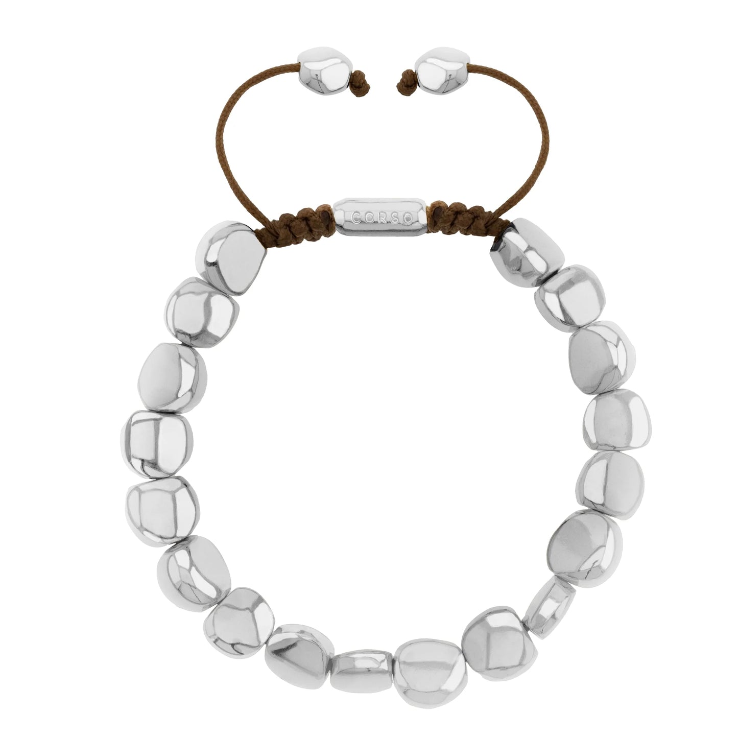 Pulsera con lunetas inspiradas en la forma de piedras del mar, con placa insignia corso en baño de rodio, con hilo de seda ajustable - Joyería y bisutería fina