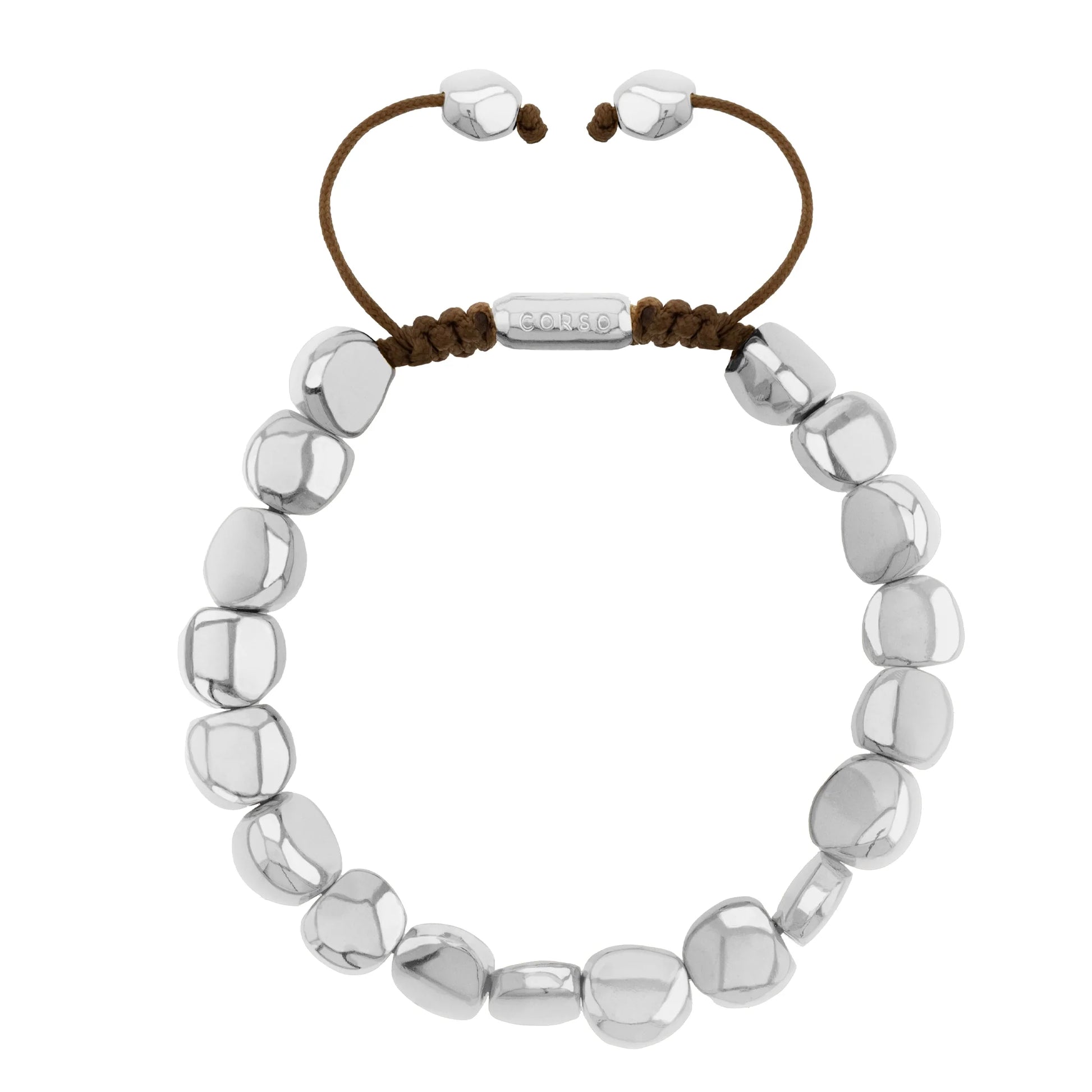 Pulsera con lunetas inspiradas en la forma de piedras del mar, con placa insignia corso en baño de rodio, con hilo de seda ajustable - Joyería y bisutería fina