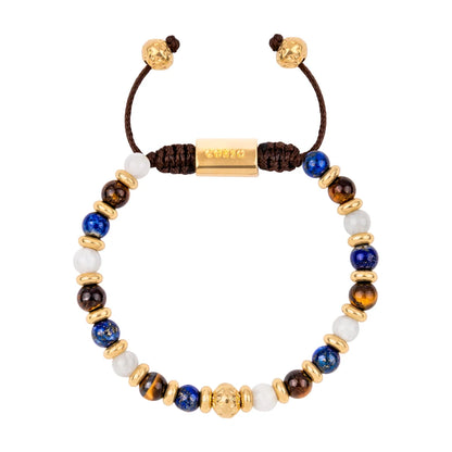 Pulsera ajustable con hilo de seda café, piedra ojo de tigre, luna, dumortierita de 6mm, con detalles en baño de oro de 22K - Joyería y bisutería fina