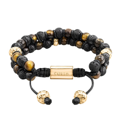 Pulsera con piedras 6mm y piedra volcánica, placa y mantras en baño de oro 22K