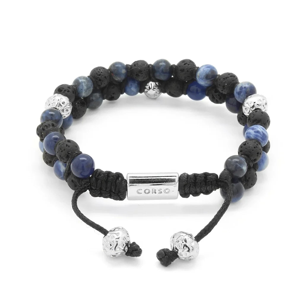 Pulsera con piedras 6mm y piedra volcánica, placa y mantras en baño de rodio - Joyería y bisutería fina