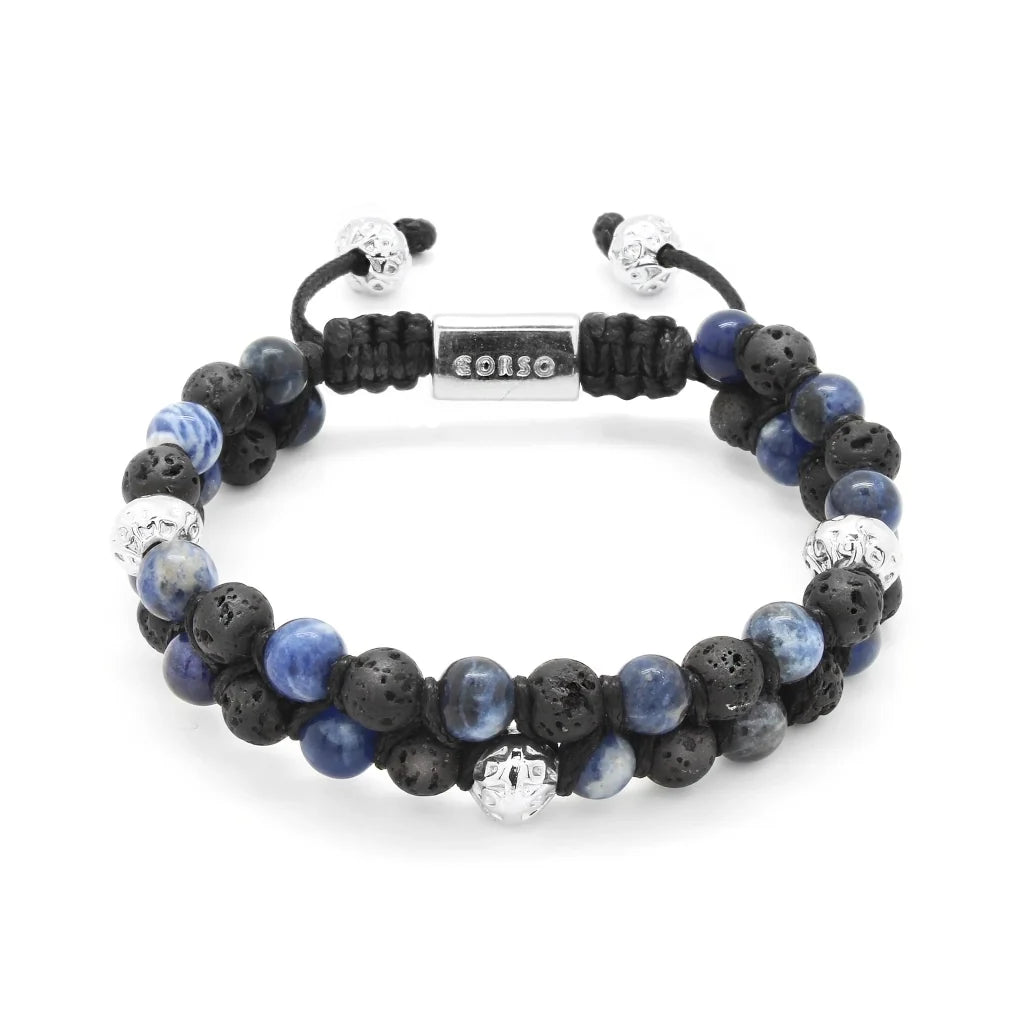 Pulsera con piedras 6mm y piedra volcánica, placa y mantras en baño de rodio - Joyería y bisutería fina