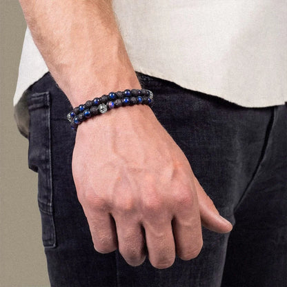 Pulsera con piedras 6mm y piedra volcánica, placa y mantras en baño de rodio - Joyería y bisutería fina