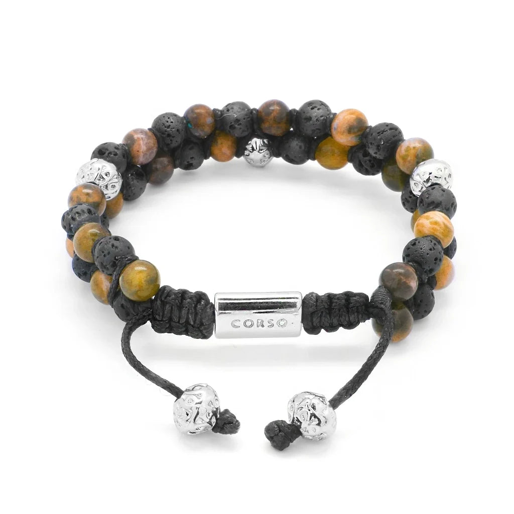 Pulsera con piedras 6mm y piedra volcánica, placa y mantras en baño de rodio - Joyería y bisutería fina