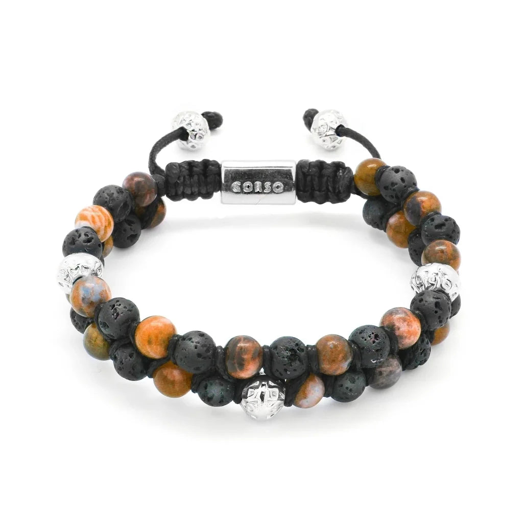 Pulsera con piedras 6mm y piedra volcánica, placa y mantras en baño de rodio - Joyería y bisutería fina