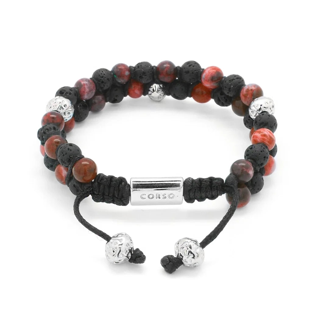 Pulsera con piedras 6mm y piedra volcánica, placa y mantras en baño de rodio - Joyería y bisutería fina