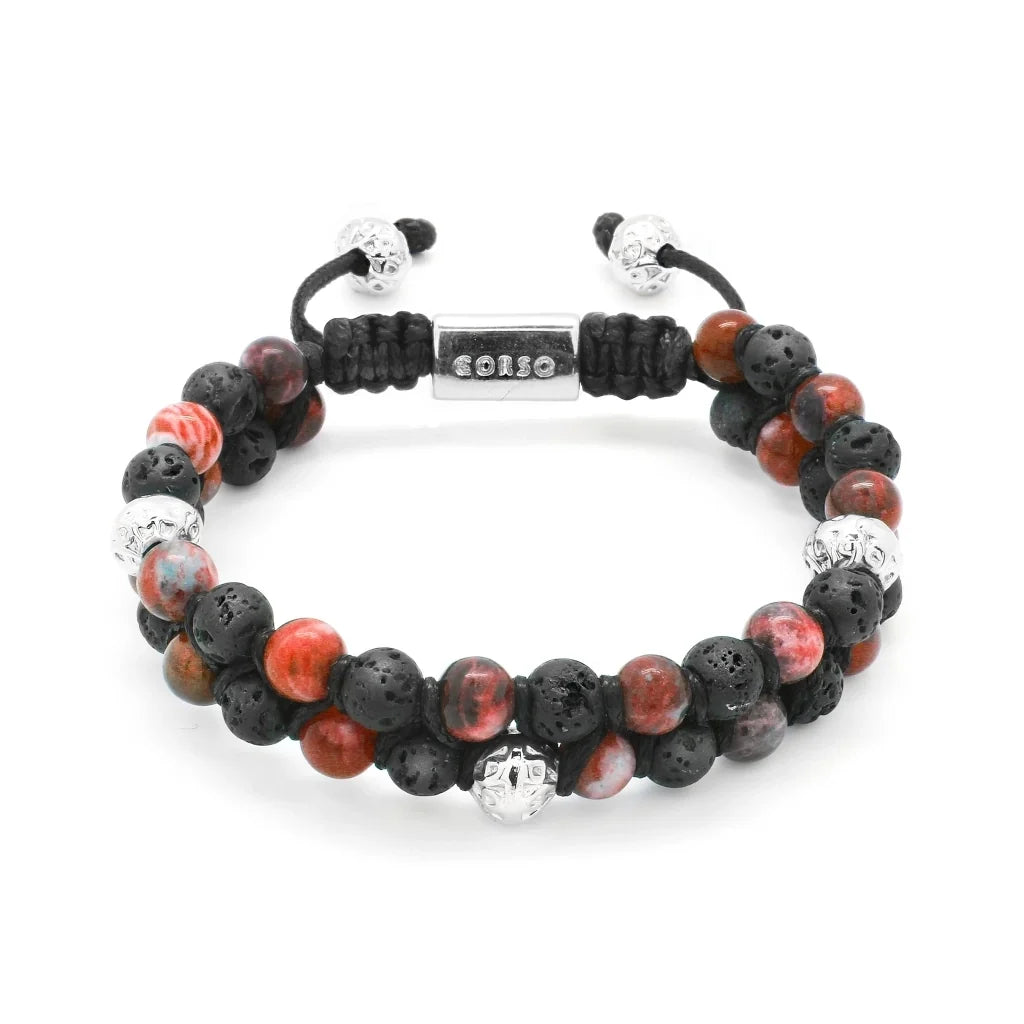 Pulsera con piedras 6mm y piedra volcánica, placa y mantras en baño de rodio - Joyería y bisutería fina