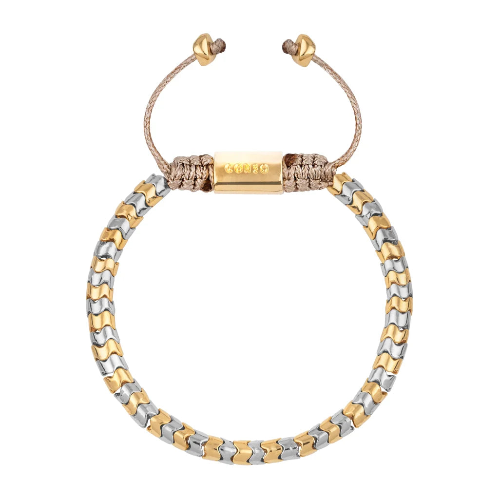 Pulsera ajustable con hilo de seda, diseño escamas articuladas y broche bañado en oro 22K y rodio - Joyería y bisutería fina
