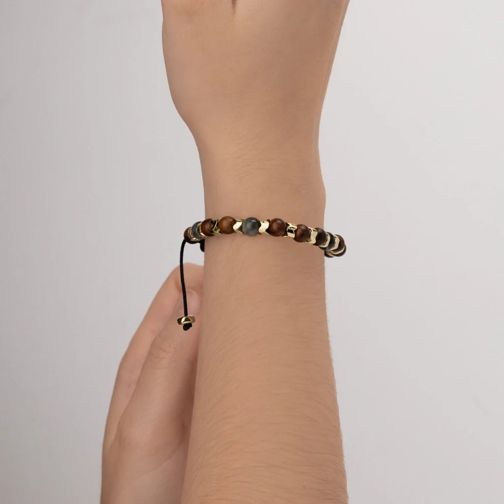 Pulsera Escamas baño de oro 22K, cuentas de madera de ébano y piedras de 6mm - Joyería y bisutería fina