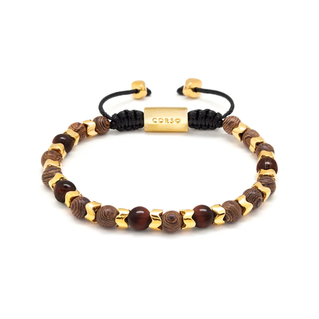 Pulsera Escamas baño de oro 22K, cuentas de madera de ébano y piedras de 6mm - Joyería y bisutería fina