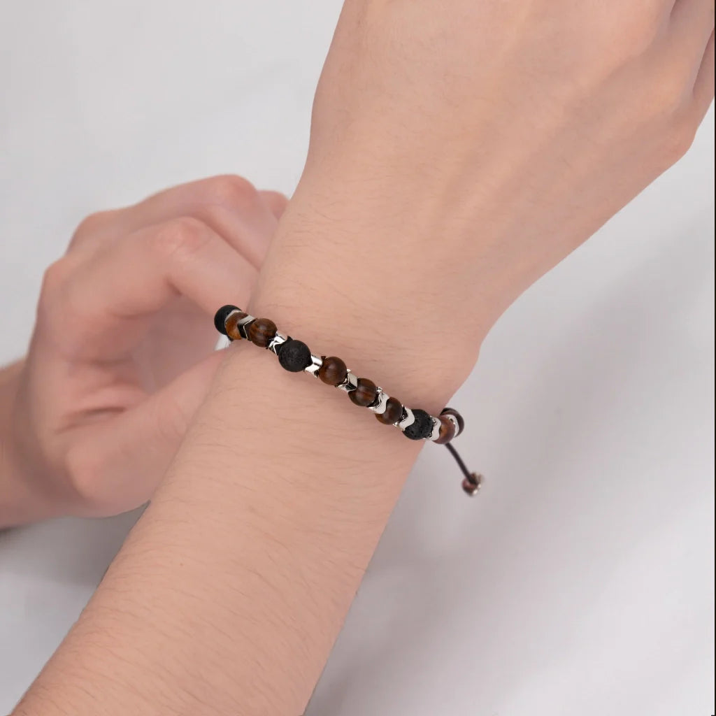 Pulsera Escamas baño de rodio, cuentas de madera de ébano y piedras de 6mm - Joyería y bisutería fina