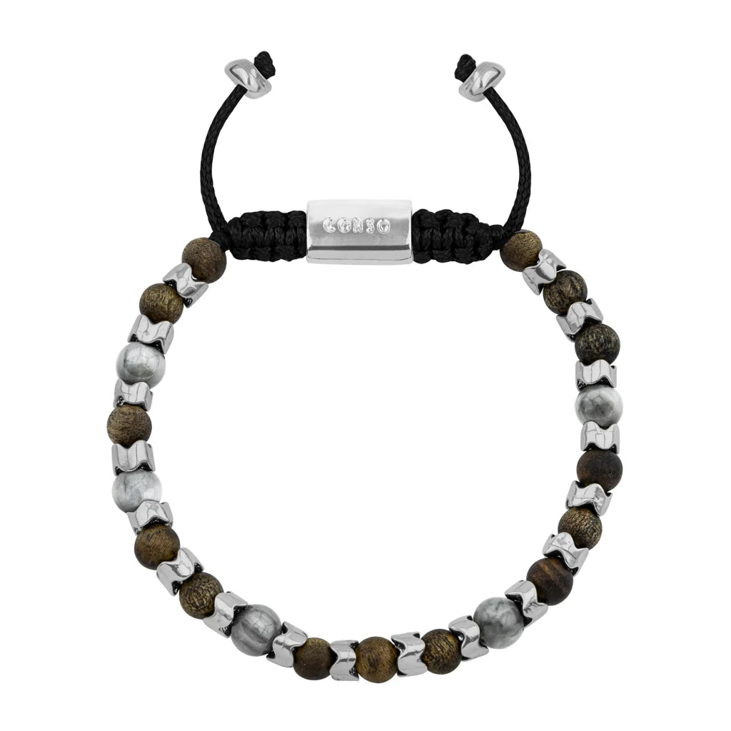 Pulsera Escamas baño de rodio, cuentas de madera de ébano y piedras de 6mm - Joyería y bisutería fina
