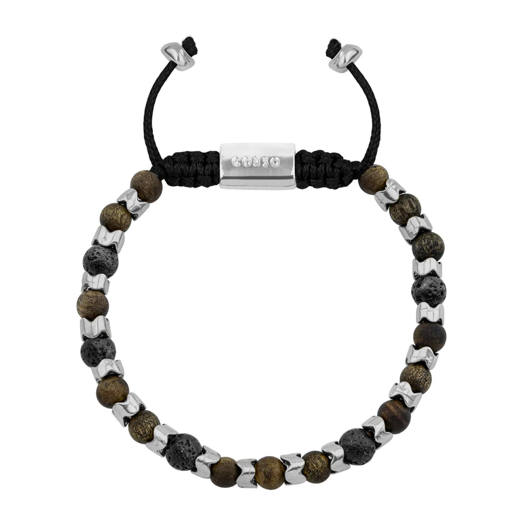 Pulsera Escamas baño de rodio, cuentas de madera de ébano y piedras de 6mm - Joyería y bisutería fina