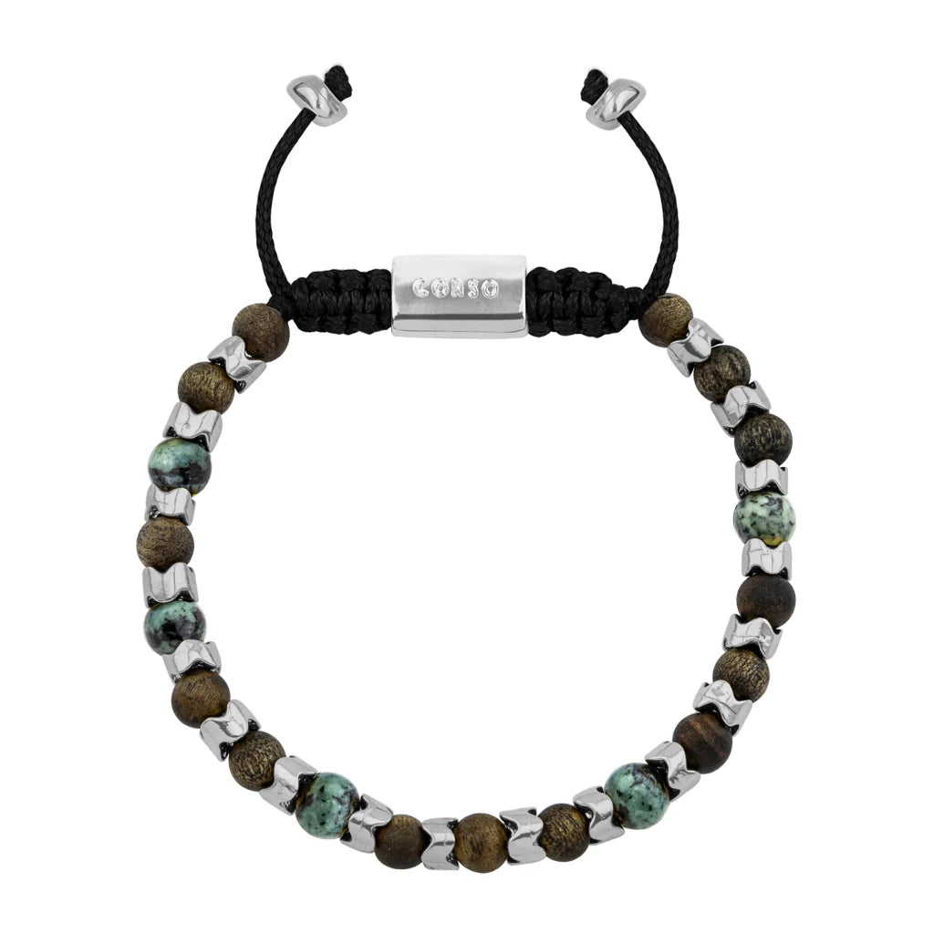 Pulsera Escamas baño de rodio, cuentas de madera de ébano y piedras de 6mm - Joyería y bisutería fina