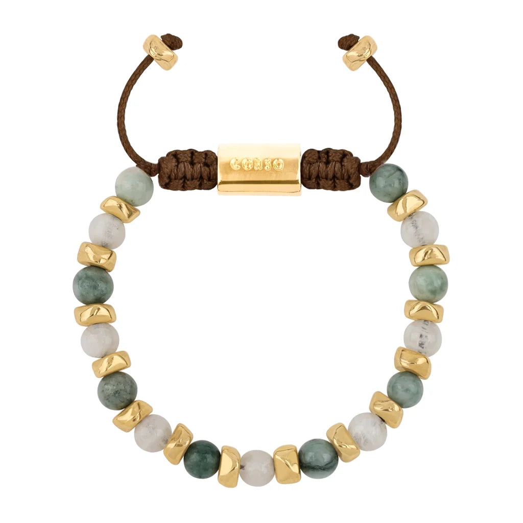 Pulsera ajustable, con piedras naturales de 6mm, baño de oro 22K - Joyería y bisutería fina