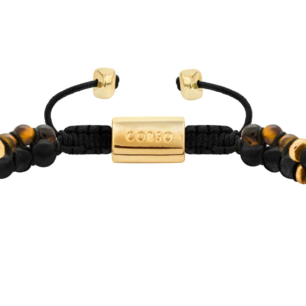 Pulsera ajustable con piedras 4mm, con mini donas y placa insignia en baño de oro 22K - Joyería y bisutería fina