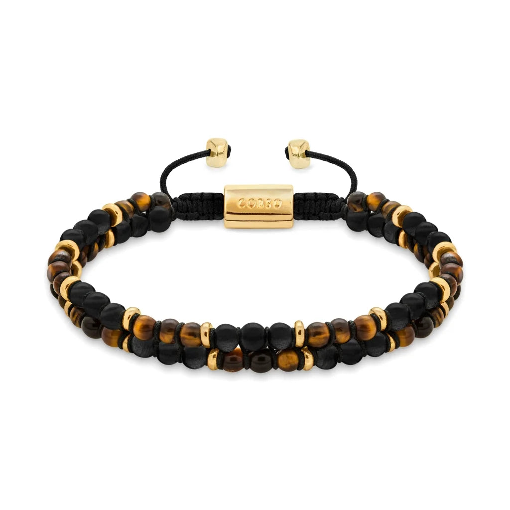 Pulsera ajustable con piedras 4mm, con mini donas y placa insignia en baño de oro 22K - Joyería y bisutería fina