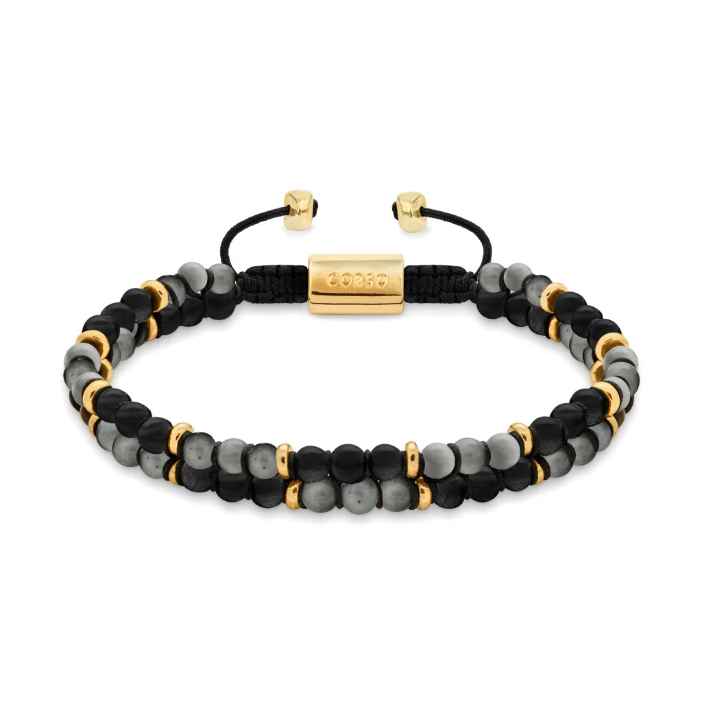 Pulsera ajustable con piedras 4mm, con mini donas y placa insignia en baño de oro 22K - Joyería y bisutería fina