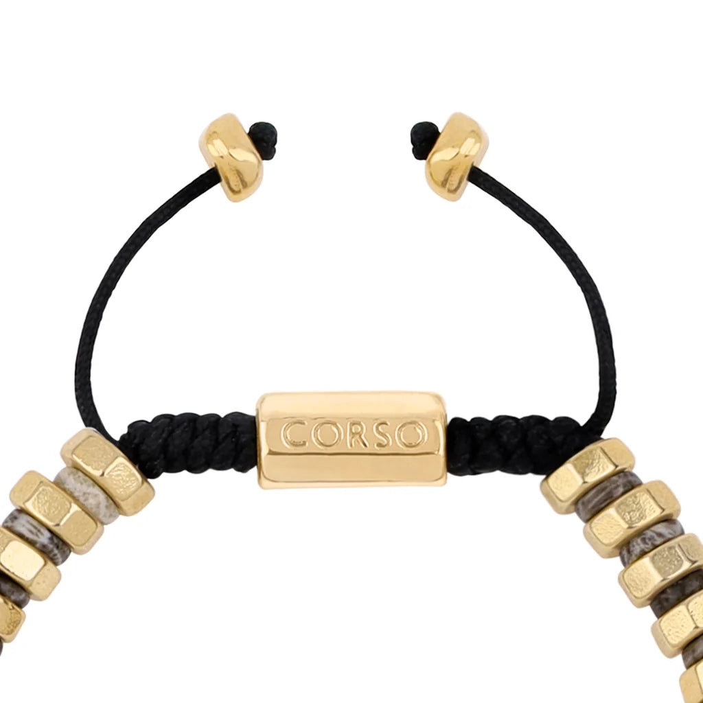 Pulsera ajustable con hilo de seda y rondel de piedra 4mm, con placa octagonal insignia y rondanas en baño de oro 22K - Joyería y bisutería fina