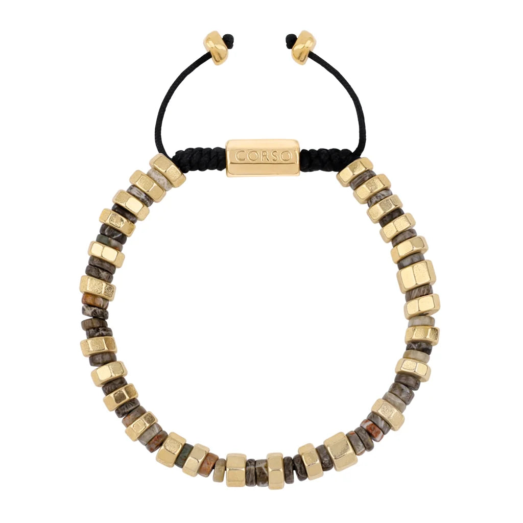 Pulsera ajustable con hilo de seda y rondel de piedra 4mm, con placa octagonal insignia y rondanas en baño de oro 22K - Joyería y bisutería fina