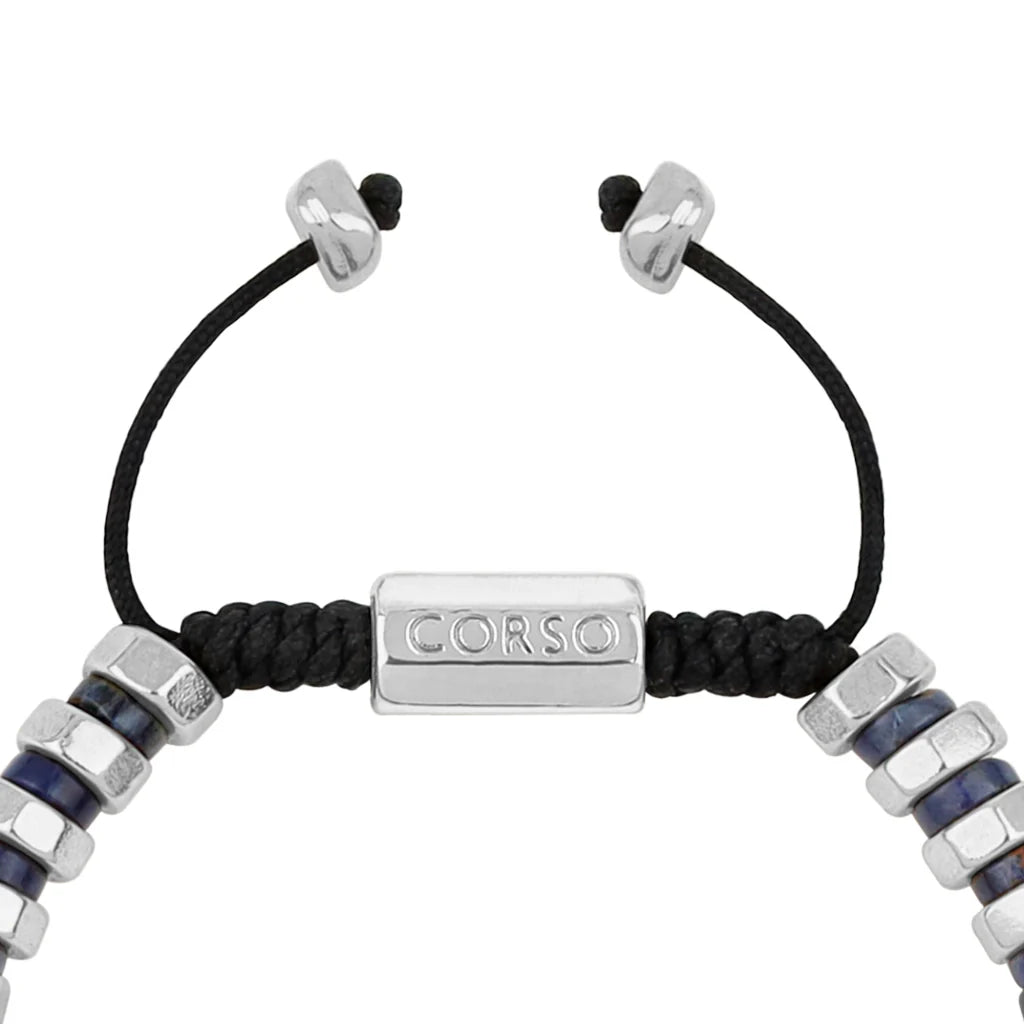 Pulsera ajustable con hilo de seda y rondel de piedra 4mm, con placa octagonal insignia y rondanas en baño de rodio - Joyería y bisutería fina