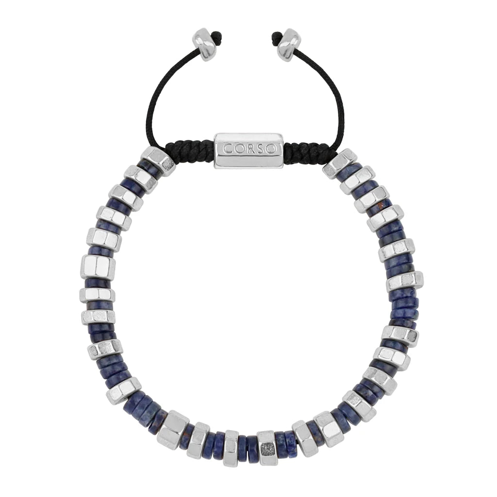 Pulsera ajustable con hilo de seda y rondel de piedra 4mm, con placa octagonal insignia y rondanas en baño de rodio - Joyería y bisutería fina