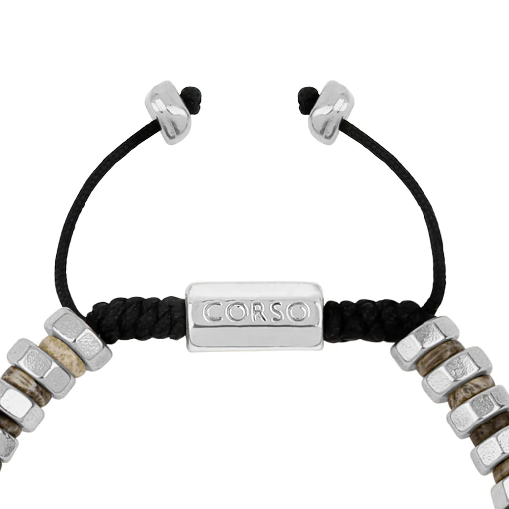 Pulsera ajustable con hilo de seda y rondel de piedra 4mm, con placa octagonal insignia y rondanas en baño de rodio - Joyería y bisutería fina