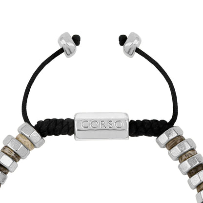 Pulsera ajustable con hilo de seda y rondel de piedra 4mm, con placa octagonal insignia y rondanas en baño de rodio - Joyería y bisutería fina