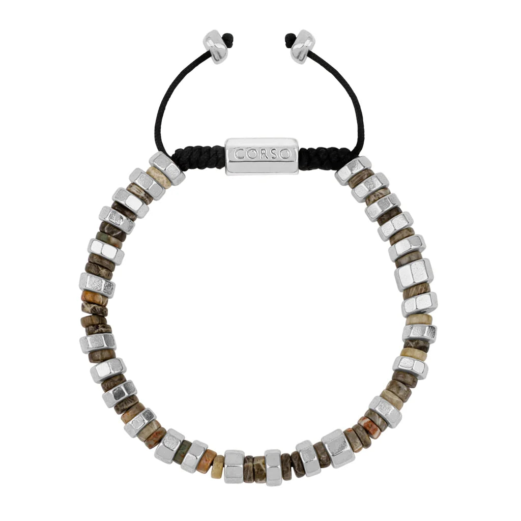 Pulsera ajustable con hilo de seda y rondel de piedra 4mm, con placa octagonal insignia y rondanas en baño de rodio - Joyería y bisutería fina