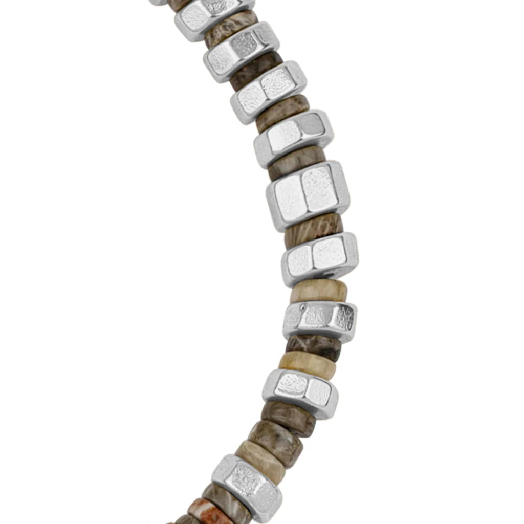 Pulsera ajustable con hilo de seda y rondel de piedra 4mm, con placa octagonal insignia y rondanas en baño de rodio - Joyería y bisutería fina