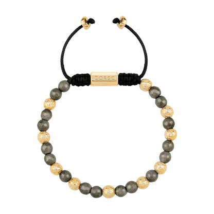 Pulsera ajustable con plaga octagonal con insignia de corso y piedra volcánica en baño de oro de 22K, con pirita de 6mm - Joyería y bisutería fina