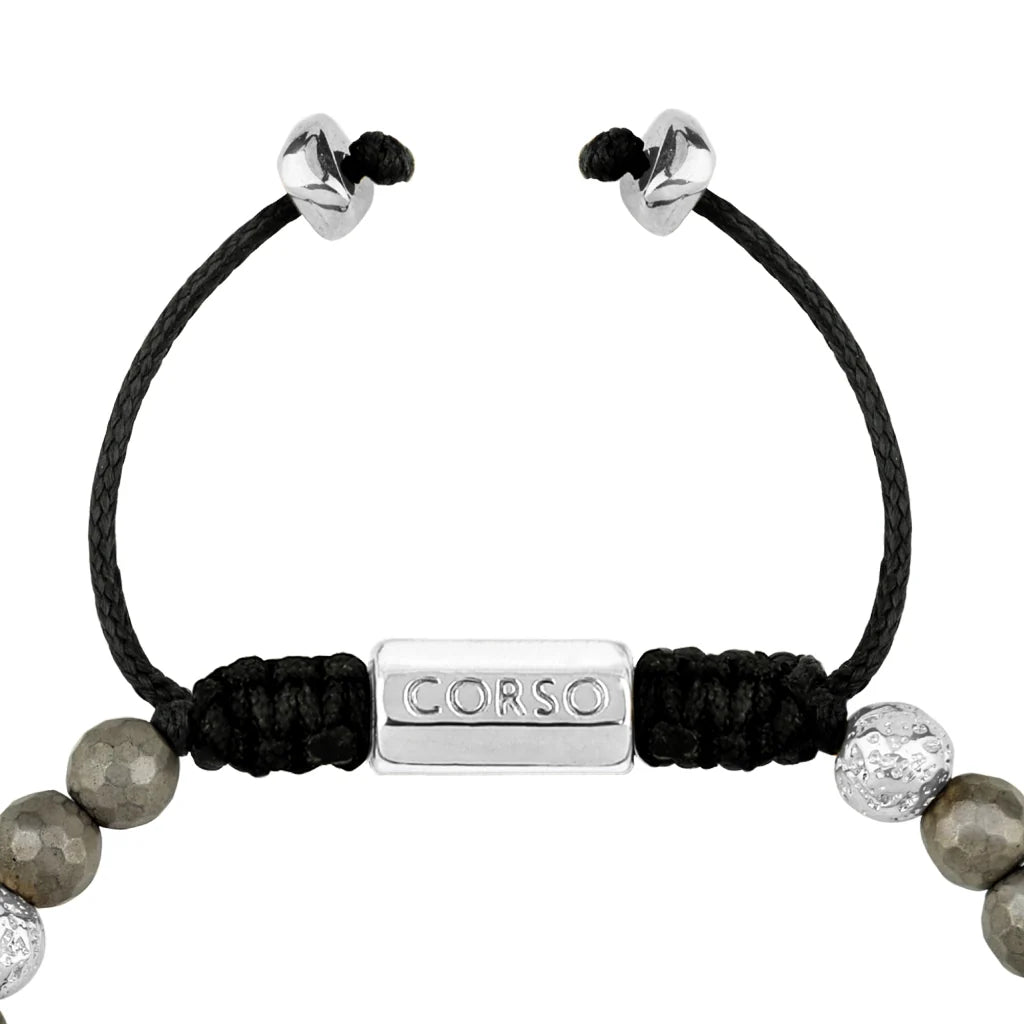 Pulsera ajustable con plaga octagonal con insignia de corso y piedra volcánica en baño de rodio, con pirita de 6mm - Joyería y bisutería fina