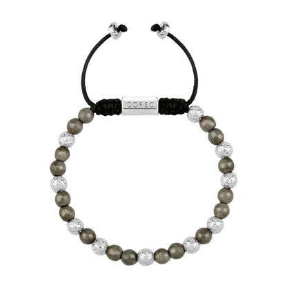 Pulsera ajustable con plaga octagonal con insignia de corso y piedra volcánica en baño de rodio, con pirita de 6mm - Joyería y bisutería fina