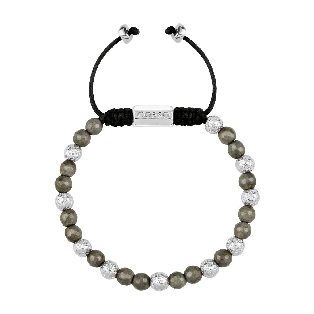 Pulsera ajustable con plaga octagonal con insignia de corso y piedra volcánica en baño de rodio, con pirita de 6mm - Joyería y bisutería fina