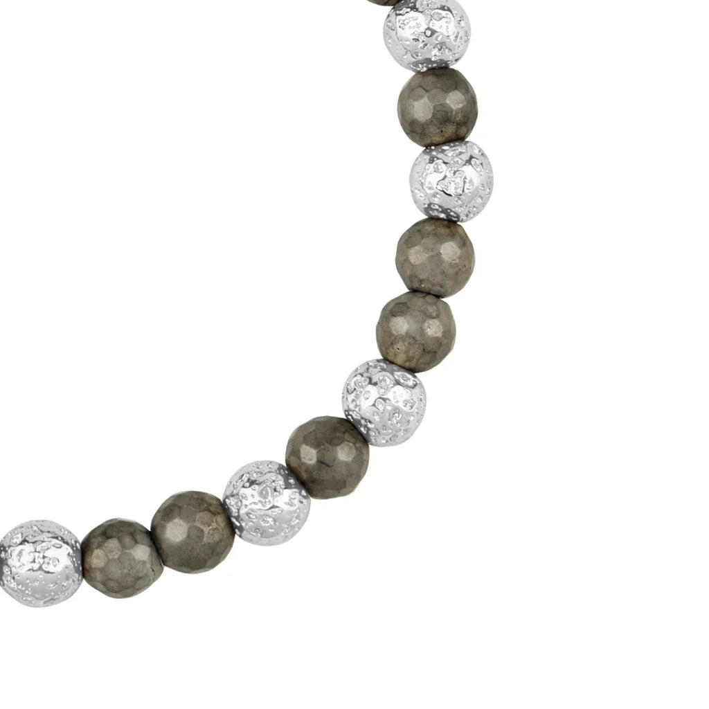 Pulsera ajustable con plaga octagonal con insignia de corso y piedra volcánica en baño de rodio, con pirita de 6mm - Joyería y bisutería fina