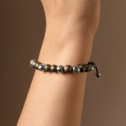 Pulsera ajustable con plaga octagonal con insignia de corso y piedra volcánica en baño de rodio, con pirita de 6mm - Joyería y bisutería fina