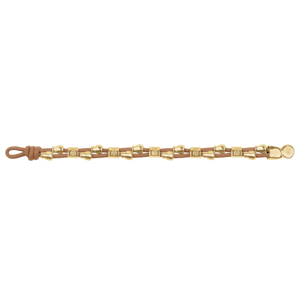Pulsera de piel natural española, con detalles, broche y perlas en baño de oro 22K - Joyería y bisutería fina